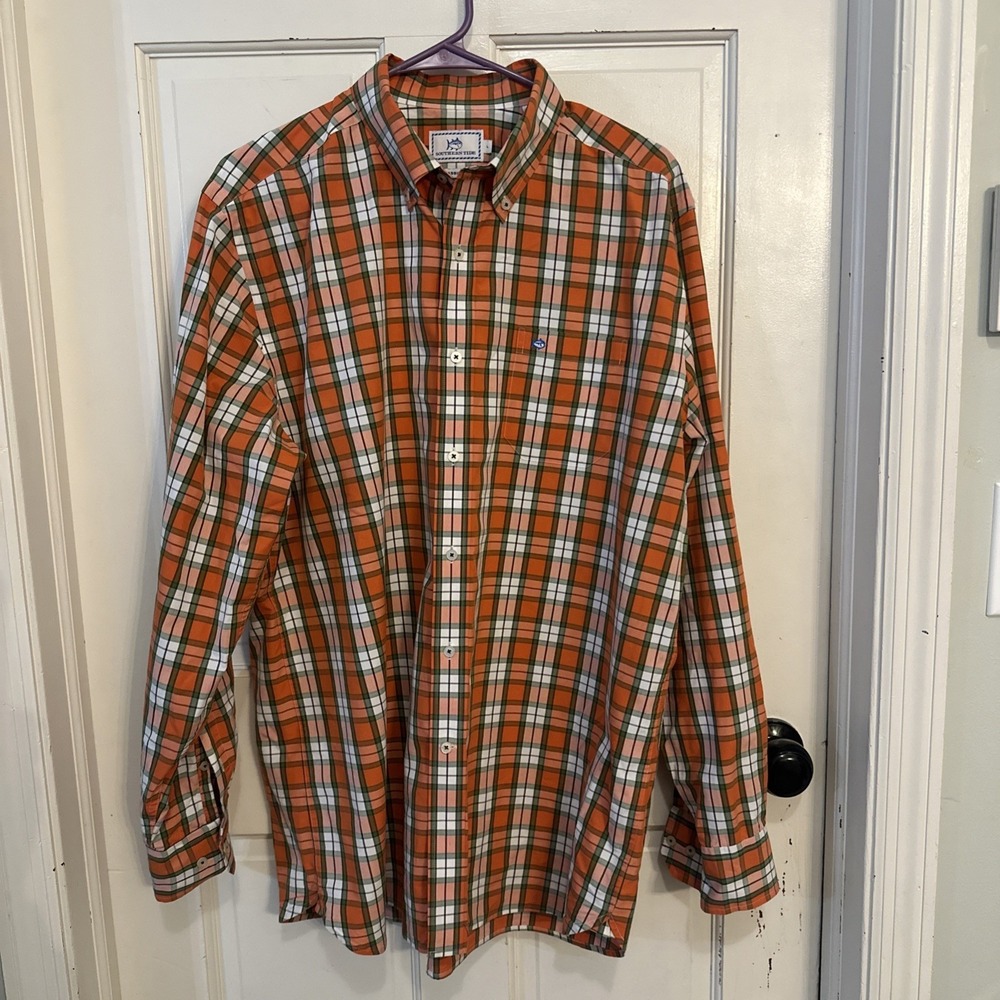 Southern Tide Classic Fit Button‎ Down Shirt Men Size Large Orange Green Plaid